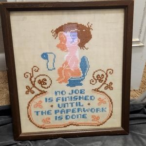 Cross Stitch Finished Wall Hanging Bathroom Humor Wood Frame 11.5" x 13"
